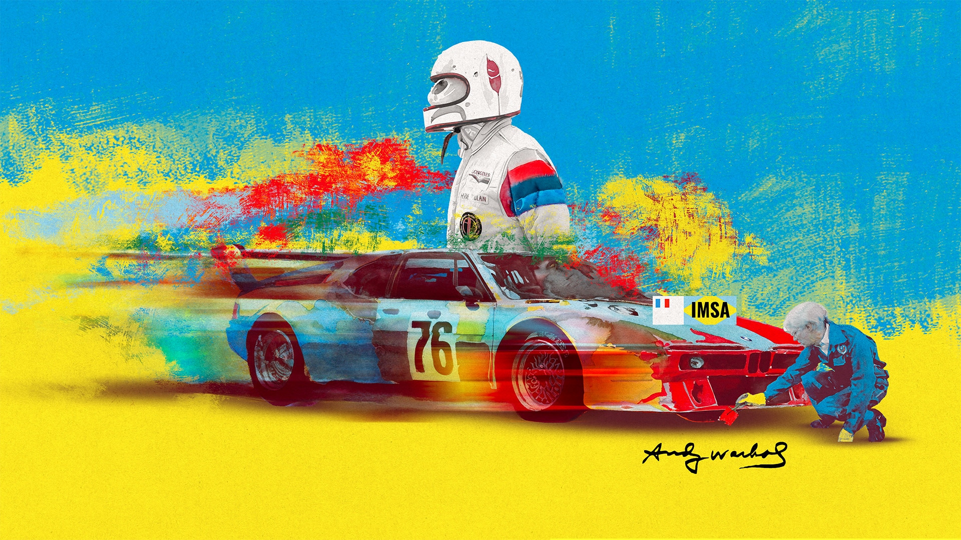 A collage of the BMW M1 Art Car from 1979, painted by Andy Warhol and next to it Hervé Poulain, who drove the car at Le Mans. 